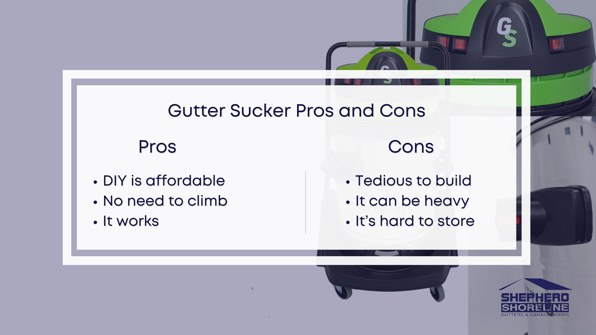Infographic of the pros and cons of gutter suckers