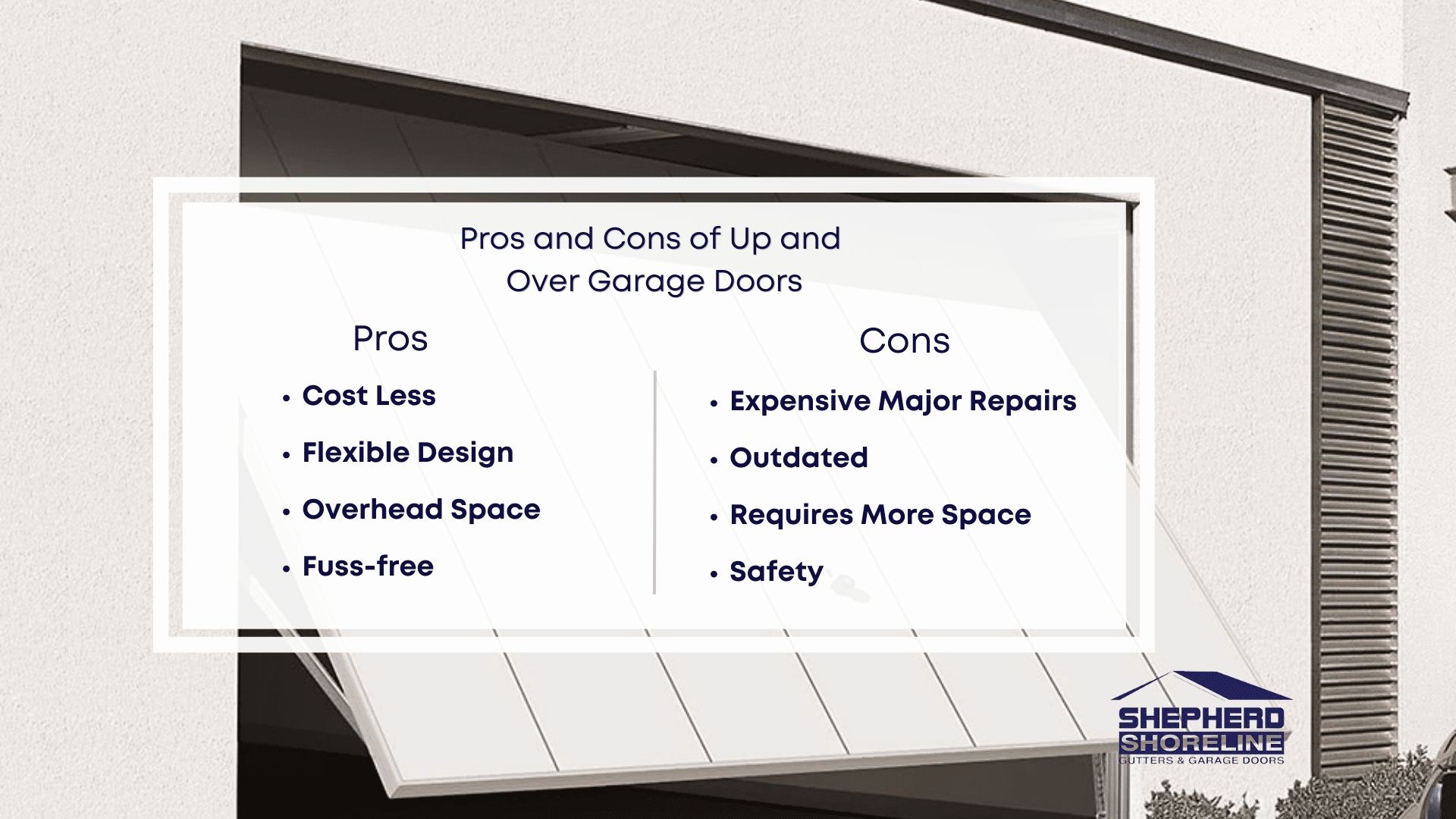 Infographic image of pros and cons of up and over garage doors