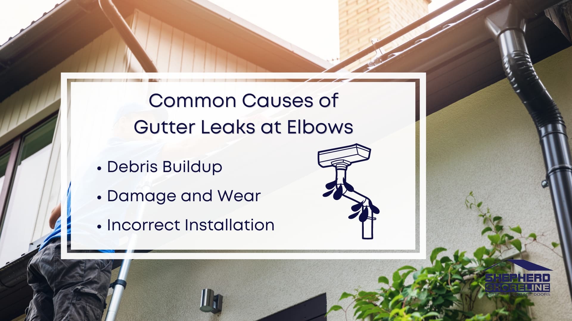 Infographic image of common causes of gutter leaks at elbows