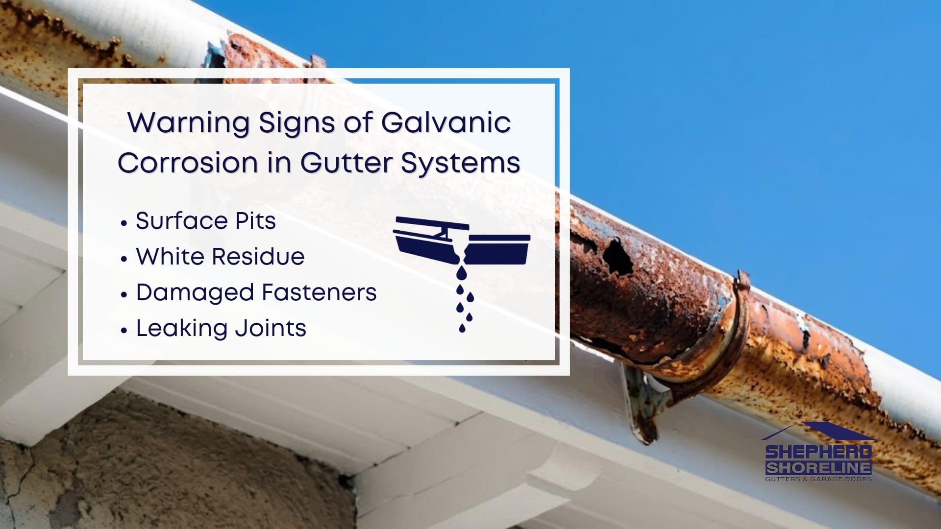 Infographic image of warning signs of galvanic corrosion in gutter systems